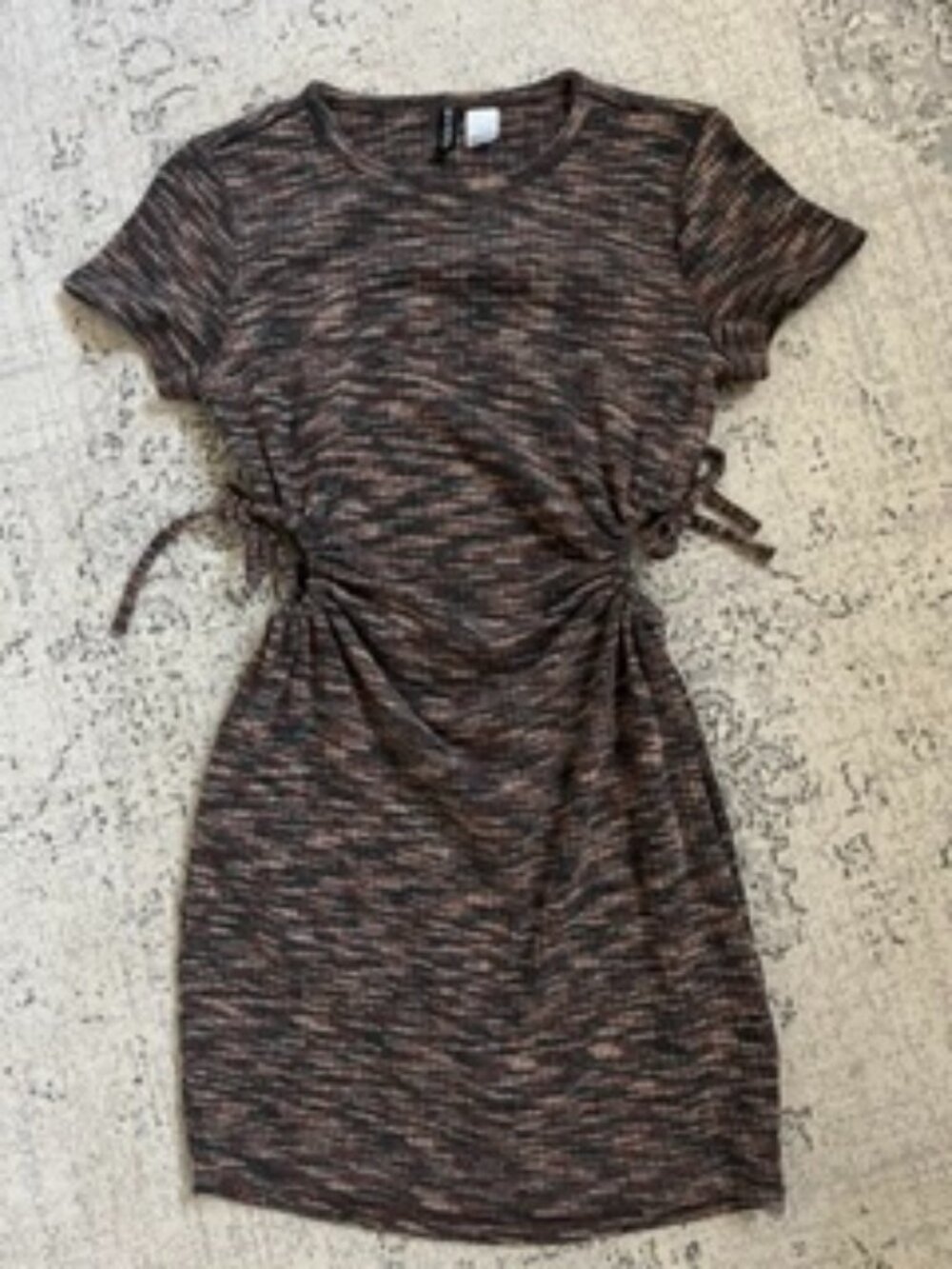 🧡3/15 DIVIDED H&M Brown Marbled Knit Mini Dress Side Cut Outs Women's M